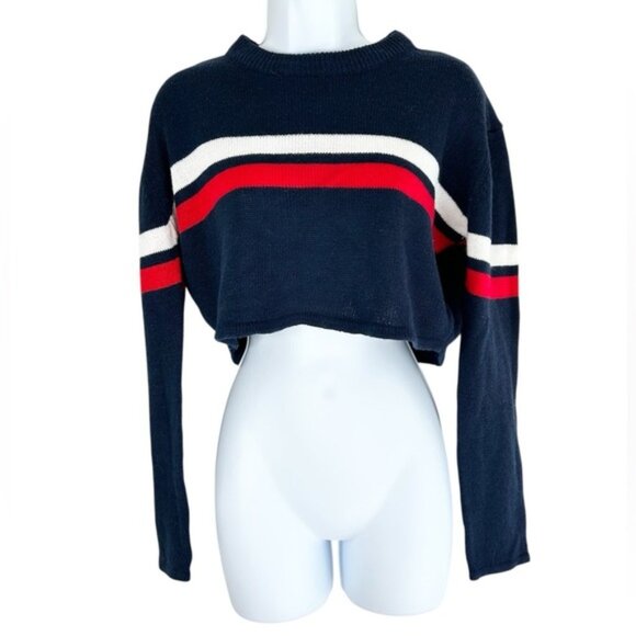 Bluenotes Women's Sweater Top Knit Cropped Stripe Long sleeve Navy Blue Medium - Picture 2 of 11